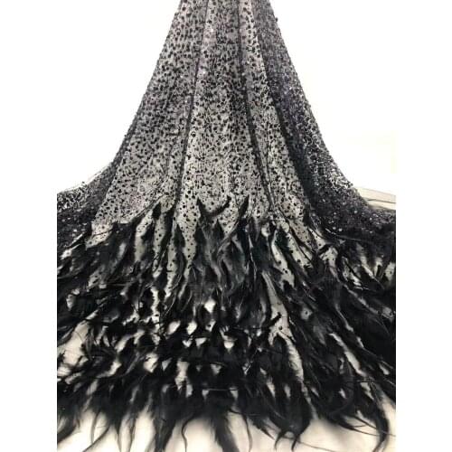 2020 Noble Black African Lace Fabric Fashion High Quality Sequins Lace With Soft Feather Tulle Lace Fabric For Nigeria Party