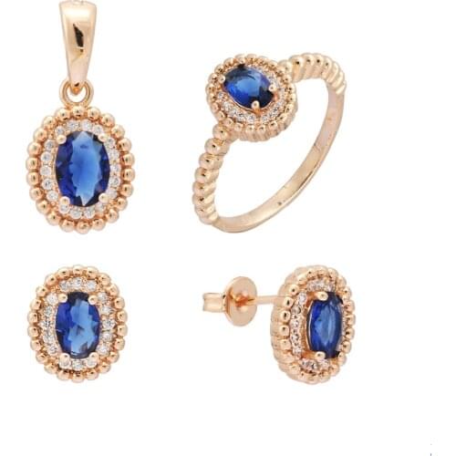 Necklace Set Gold Color Plated Party Women Jewelry Sets Trendy Blue Stone Cubic Zircon Ring Jewelry Sets