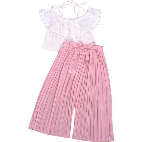 2021 NEW Fashion Cute Kids Clothing Set Girl Chiffon Strap Tops + Loose Long Pants Summer Casual Costumes 1-7T