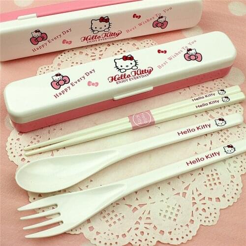 3PCS/Set Kawaii Cute Cat Stainless Steel Dinnerware Kitchen Supplies Chopsticks Utensil Flatware Spoon Fork For Kids Children 1p