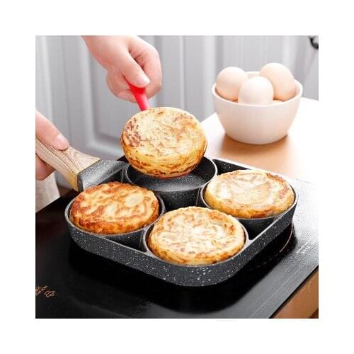 4 Hole Omelet Pan for Burger Eggs Ham Pancake Maker Wooden Handle Frying Pot Non-stick Cooking Breakfast Kitchen Omelet Pot
