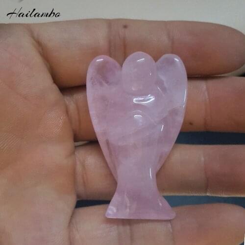 Hailambo Beautiful Rose Pink Quartz Crystal Bead Standing Angel Statue Carved Angel Wing Figurine Pendant Classic Jewelry TS08A