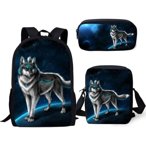 HaoYun Fashion Kids Backpacks Set Moon Wolf Pattern School Bags Cartoon Animal Students 3PCs/Set Backpack/Flaps Bag/Pen Bags