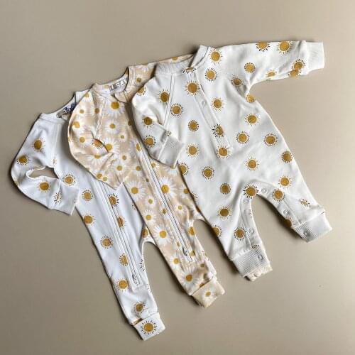 FOCUSNORM 0-24M Lovely Baby Girls Boys Rompers Sunflowers Printed Long Sleeve Zipper Long Jumpsuits 3 Colors