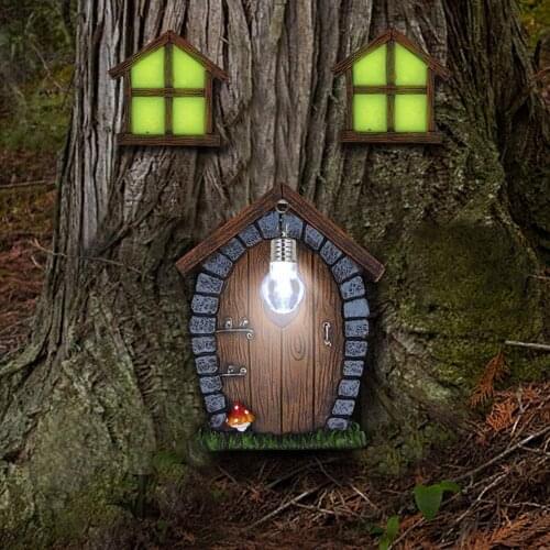 Miniature Fairy Garden Window Door With Lamp Outdoor Tree Decor House Face Art Gnome Yard Elf Fairy Accessories Garden Statues