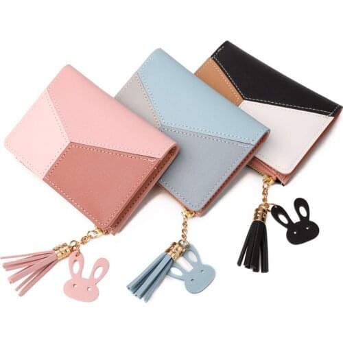 Fashion Women Contrast Color PU Leather Mini Wallet Casual Ladies Tassel Short Zipper Coin Purse with Rabbit Pendant