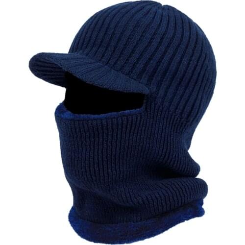 Men Winter Knitted Balaclava Beanie Hat with Windproof Visor Thermal Plush Lining Neck Warmer Cycling Ski Mask Hood Cap
