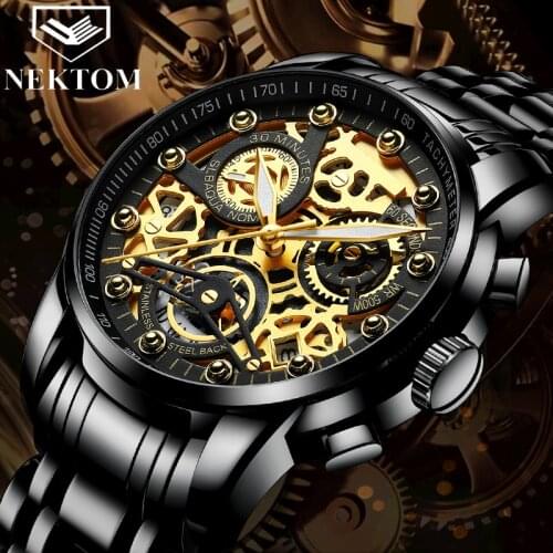 NEKTOM Relogio Masculino Wrist Watches Men 2019 Top Brand Luxury Golden Chronograph Men Watches Gold Big Male Wristwatch Man
