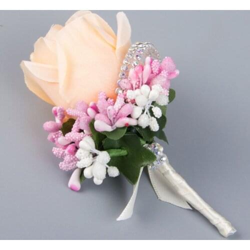 New 1Pc Women Men Wedding Artificial Rose Flower Brooch Bouquet Corsage Glitter Rhinestone Ribbon Lace Classic Prom Boutonniere