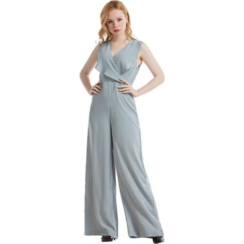 Solid Color Sleeveless V Neck Female Summer Jumpsuit Long Style Romper Wide Leg Trousers Jumpsuit Women Overall 2021