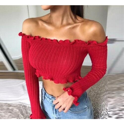 Autumn Blusas Casual Solid Slash neck Blouse Women Female Femme White Long Sleeve Ruffles Sexy Short Off Shoulder Top