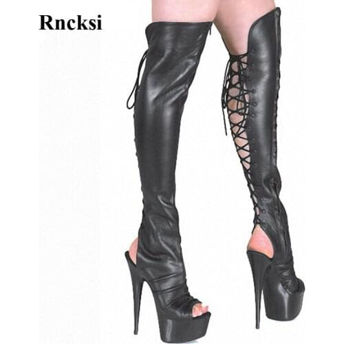 Rncksi Sexy Women Lace Up Party 15cm High Heels Night Club Over The Knee Boots Pole Dancing Shoes Pole Dance Fish Toe Boots