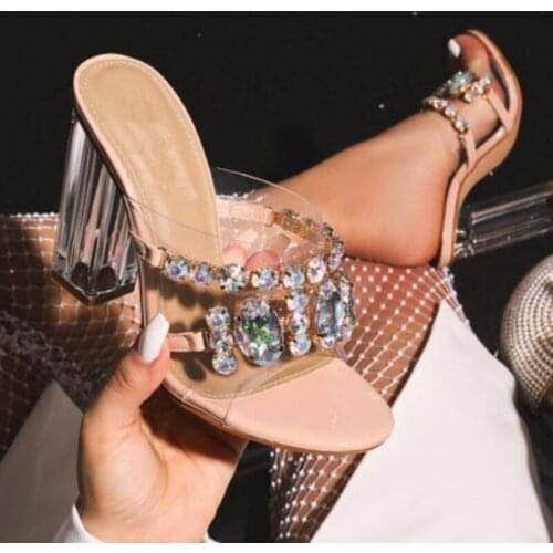Chunky Heels Sandals Spring Summer Rhinestone Bright Color Crystal Open Toe High Heels Transparent Heeled Round Toe Breathable