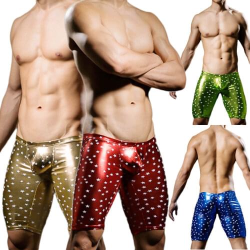 Sexy Mens Underwear Boxers Star Bronzing Shiny PU Leather Wetlook Low Rise Underpants Man Stage Dancewear Clubwear Middle Pants