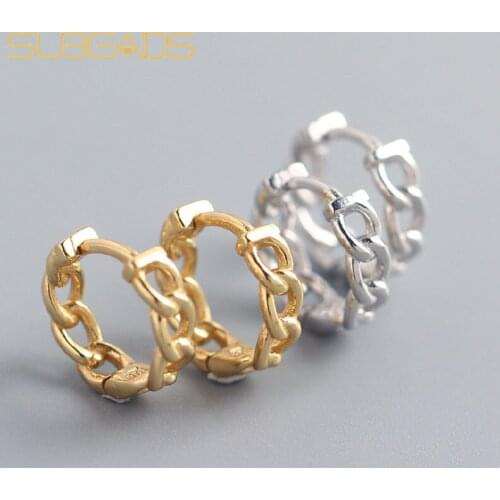 Subeads Real 100% 925 Sterling Silver Cuba Chain Hoop Earrings For Women Punk Hip-Hop Ear Bone Clip Earrings Jewelry Gifts