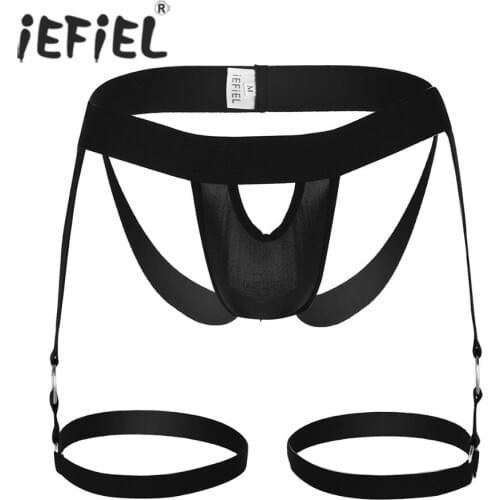Mens Lingerie Panties Bulge Pouch Open Butt Jock Strap G-string Briefs Underwear Underpants with Leg Garters Band and O-rings