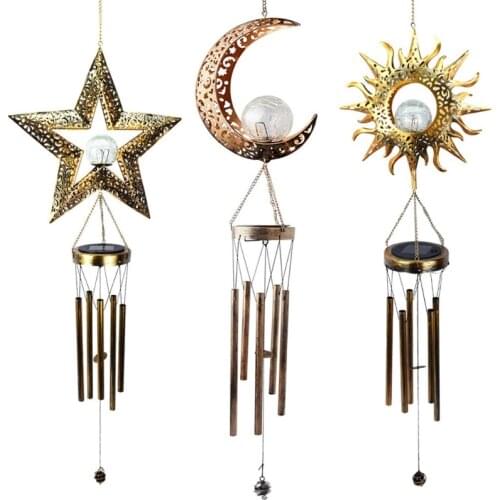 W3JE Solar Moon Wind Chime,Moon Crack Glass Ball,Warm Led Light Wind Chime Suitable f