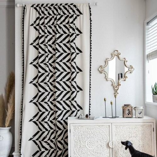 Cilected New Black Geometric Printing Cotton And Linen Curtains Semi-Shading Wear Rod Curtains Bedroom Bay Window Curtains Decor
