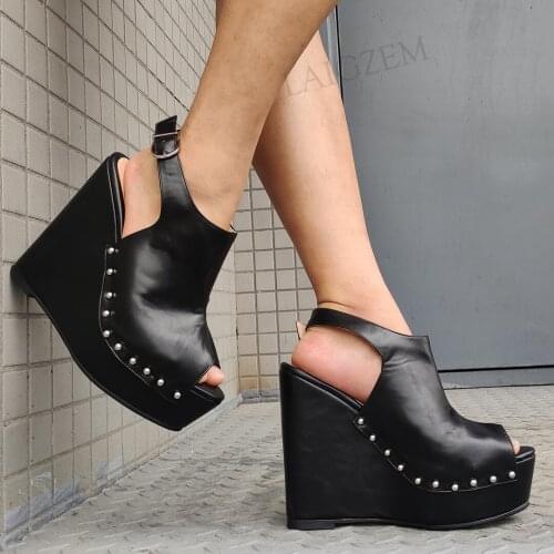LAIGZEM Women Platform Wedges Peep Toe Pumps Faux Leather Height Increase Sandals Studded Laides Shoes Woman Big Size 41 46 52