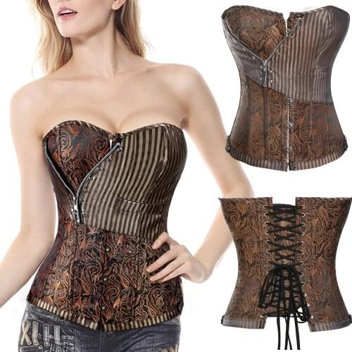 Womens Steampunk Retro Brocade Victorian Stripe Boned Bustier Corset Waist Cincher Shaper Boned Satin Lace Up Bustier Top