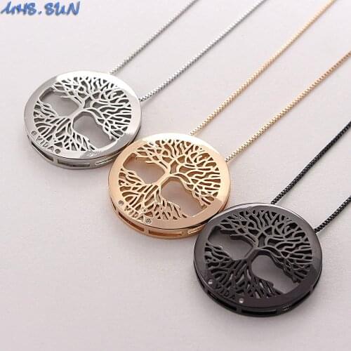 MHS.SUN Charm Hollow Life Tree Round Pendants Necklace Fashion Chain Necklace For Women/Girls CZ Jewelry Choker 3 Color