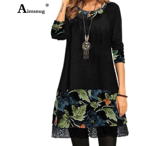 Vintage 2021 Spring Autumn Ladies Elegant Round Neck Mini Short Dress Boho Flower Print Dresses Plus size 4XL Women Loose Dress