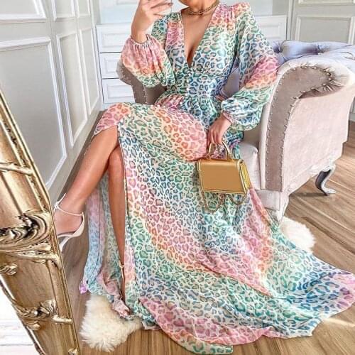 Women Print Leopard Deep V Neck Long Dress Long Sleeve Split Holiday Maxi Dress Autumn Button Party 2021 New Vestidos Rob Chic