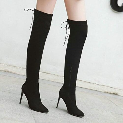 Winter Ladies Fashion Over the Knee Boots Sexy Stretch High Boots Black Suede Stiletto Shoes Side Zipper Warm Shoes Fall Plus 43