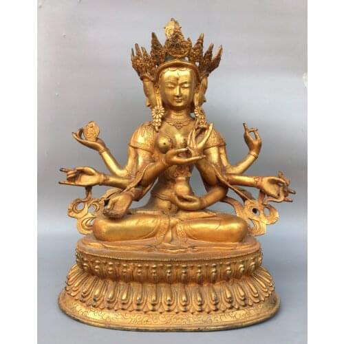 19" Tibet Buddhism Old Bronze Gilt Three sides and eight arms Guanyin Bodhisattva Statue Avalokitesvara Enshrine the Buddha