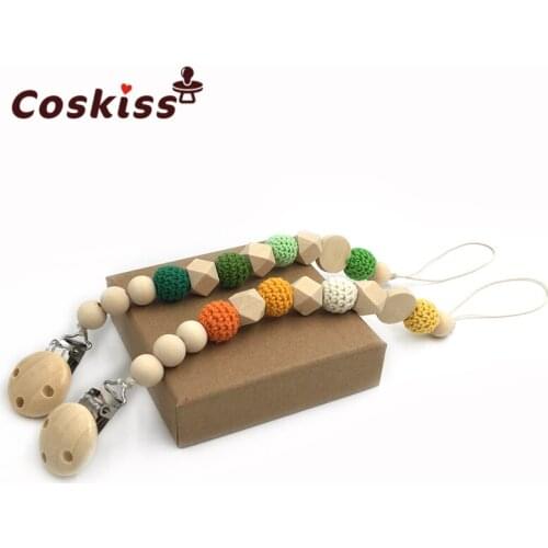 2pcs/lot Nursing Geometric Wooden Teether Crochet Beads Pacifier Clip Dummy Holder Natural Color Silk Cord Baby Teether Gift