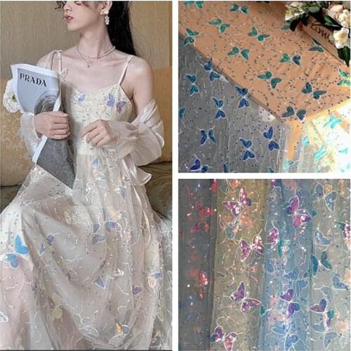 2020 High Quality Nigerian Tulle Fabric Fashion Butterfly Sequin Embroidered French Lace Women Dress Net Yarn Clothing Fabric