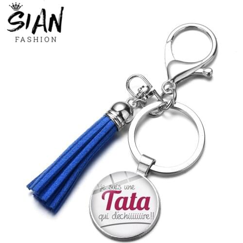 SIAN Charm Super Tata Keychain French Letter Pattern Glass Dome Gem Leather Tassel Key Ring Holder for Teacher Aunt Bag Trinkets