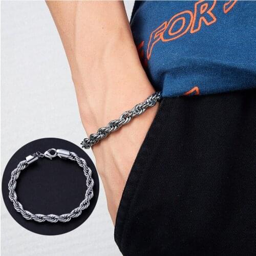 RINHOO Silver Color Twist Bracelet Width 7mm Stainless Steel Curb Link Chain Bracelets for Men Male Wristband Bangle Jewelry