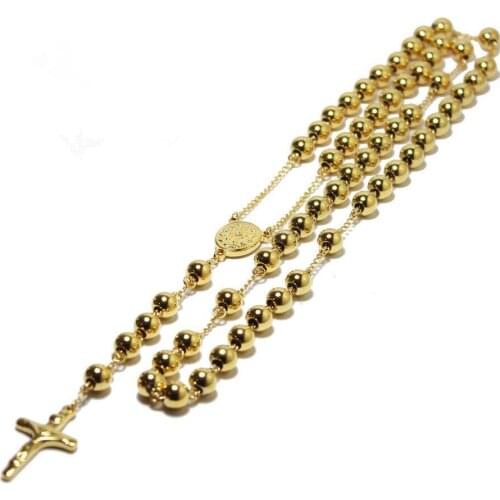 Fashion Gold tone 6mm Stainless Steel Bead Chains Rosary Jesus Christ Cross Pendant Long Necklace Mens Chain High quality Hot