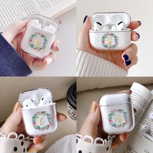 Custom Floral Gold Initial alphabet Letters Earphone Case For Apple iPhone Charging Box For AirPods Pro Hard Transparent Cover