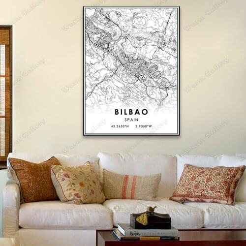 Black and White City Map Spain The Bilbao City Map Poster HD Print Wall Art Canvas Nordic Landspace Painting for Home Decor