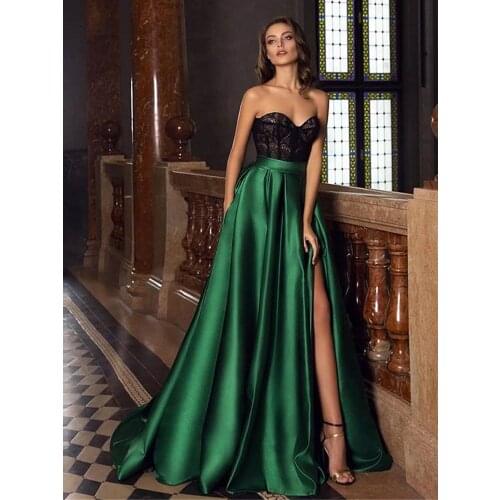 Black And Emerald Green Evening Strapless Dresses Lace Satin Sweetheart Side Side Sexy Prom Gowns Long Formal Dress
