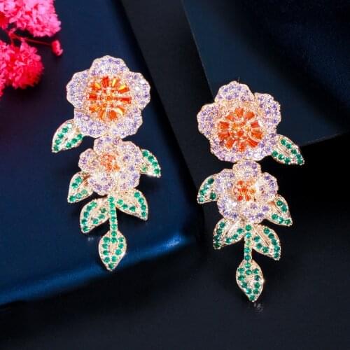 CWWZircons Pretty Geometry Purple Green Flower Leaf Cubic Zircon Dangle Drop Earrings Luxury Designer Women Party Jewelry CZ888