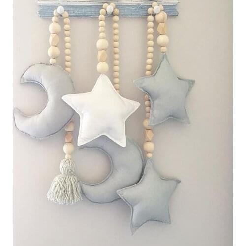 Wooden Beads Moon Star Kids Infant Crib Cradle Wall Hanging Ornament Photo Props
