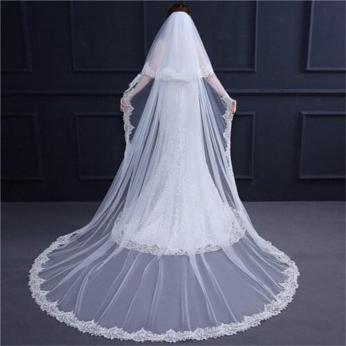 Long Two Layers Bridal Wedding Veils Lace Appliques Cathedral 3.5m Women Wedding Veil Headpiece Modest