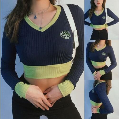 Color Block Crop Tops Long Sleeve V Neck Letter Print Spring Fall Slim T-Shirt Female Daily Stretch Wild Exposed Navel Clothes