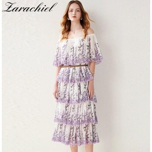 Summer Bohemian Vacation Floral Dress Womens Off Shoulder Flower Print Tiered Layer Cascading Ruffles Belt Loose Maxi Vestidos