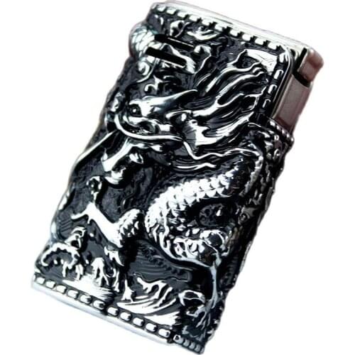 IMCO Metal Gasoline Lighter Zinc Alloy / Stainless Steel Flying Dragon Smoking Cigarette Lighter Wooden Box