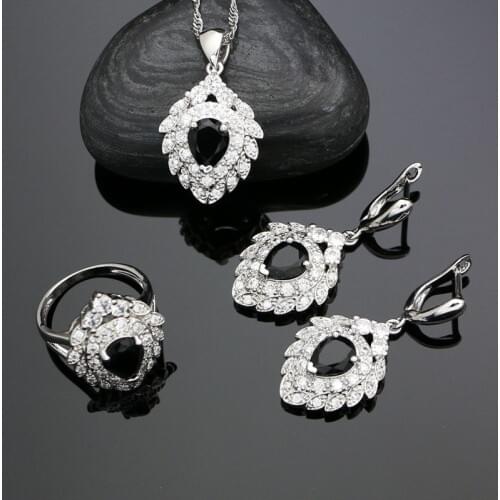 Silver 925 Jewelry Sets For Women Party Accessories Black Cubic Zirconia White Crystal Earrings Ring Pendant Necklace Set