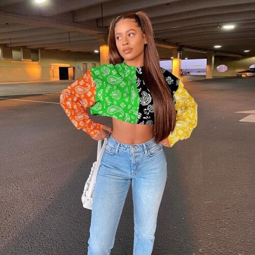 2021 autumn new ladies short long-sleeved tops fashion colorful stitching sweater T-shirt