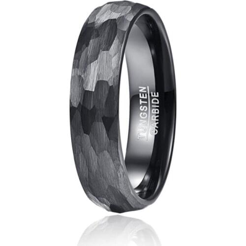 6mm Black Tungsten Wedding Band For Men Women Multi-Faceted Hammered Brushed Finish Rings Comfort Fit Gift