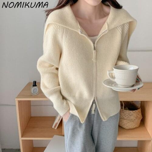 Nomikuma Solid Zipper Sailor Collar Sweater Coat Causal Korean Women Knitwear Jacket 2021 Autumn Winter Knitted Cardigan 6Z470