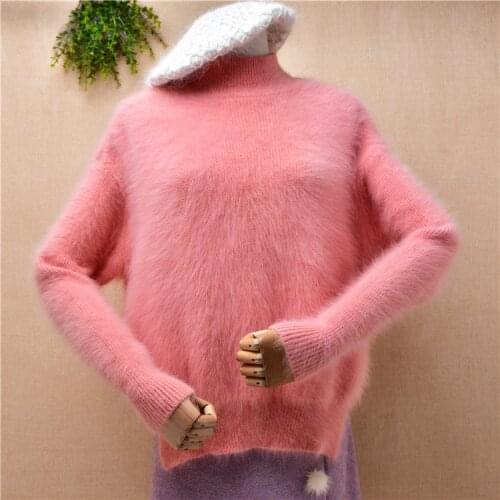Female women autumn winter sweet pink hairy plush mink cashmere knitted split turtleneck loose pullover angora sweater pull tops