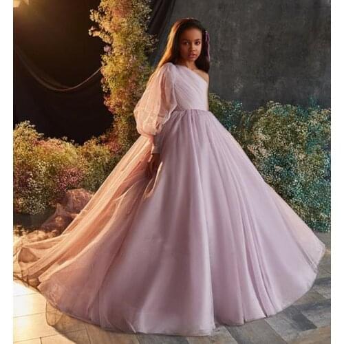 Luxury Lavender Flower Girls Dress Wedding Party Puffy Tulle One Shoulder Princess Birthday Party Gown Child Size 1-14Y
