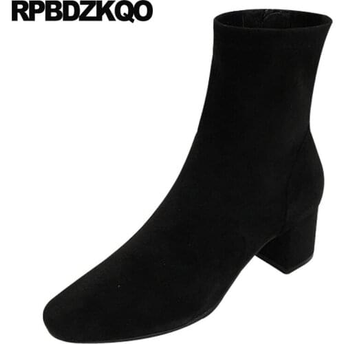 Suede Square Toe Women Ankle Boots Medium Heel Waterproof Ladies Shoes Thick Black Autumn 2021 Fall Short Block Fashion Chunky